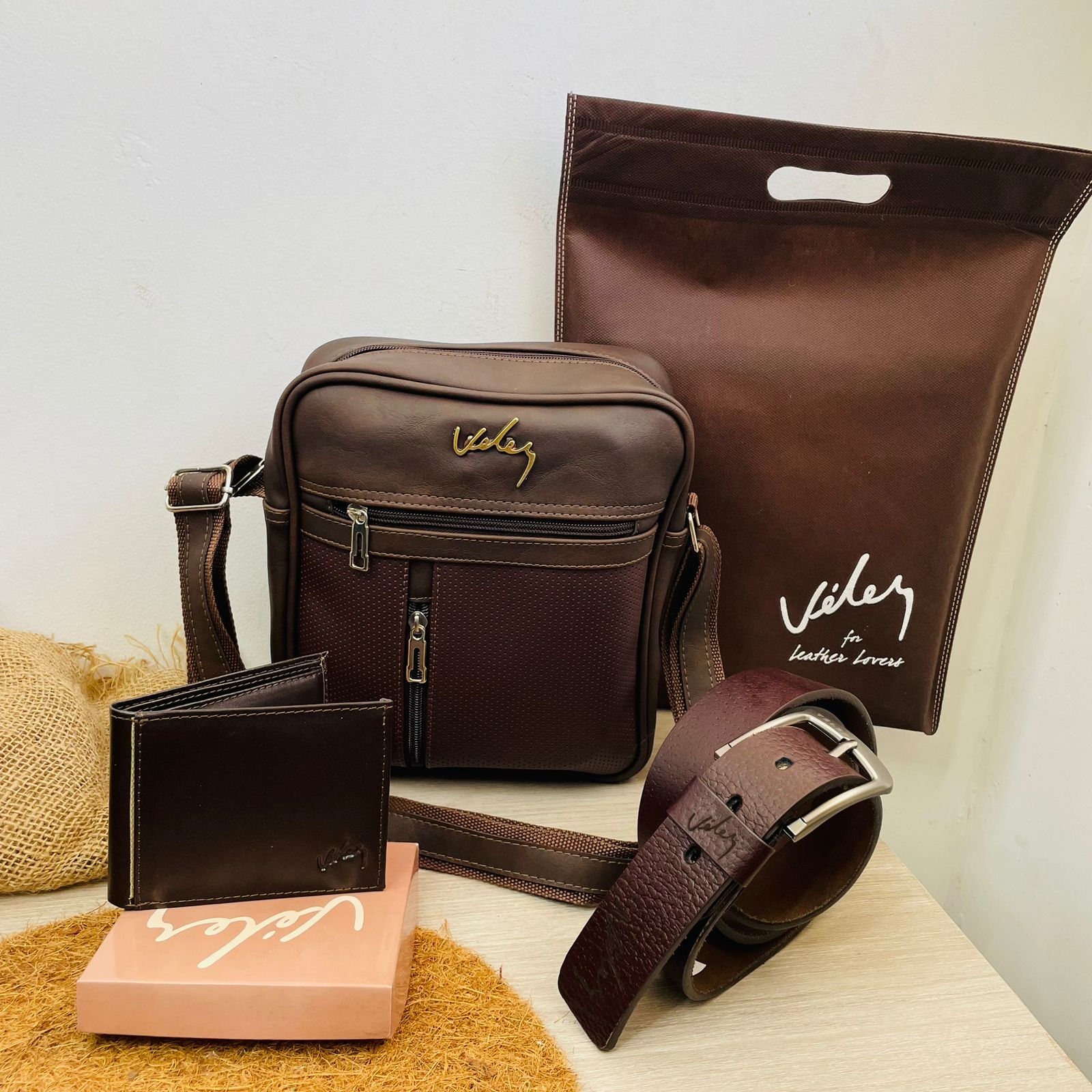 Set Masculino de Cuero de Lujo – Bolso, Billetera y Correa