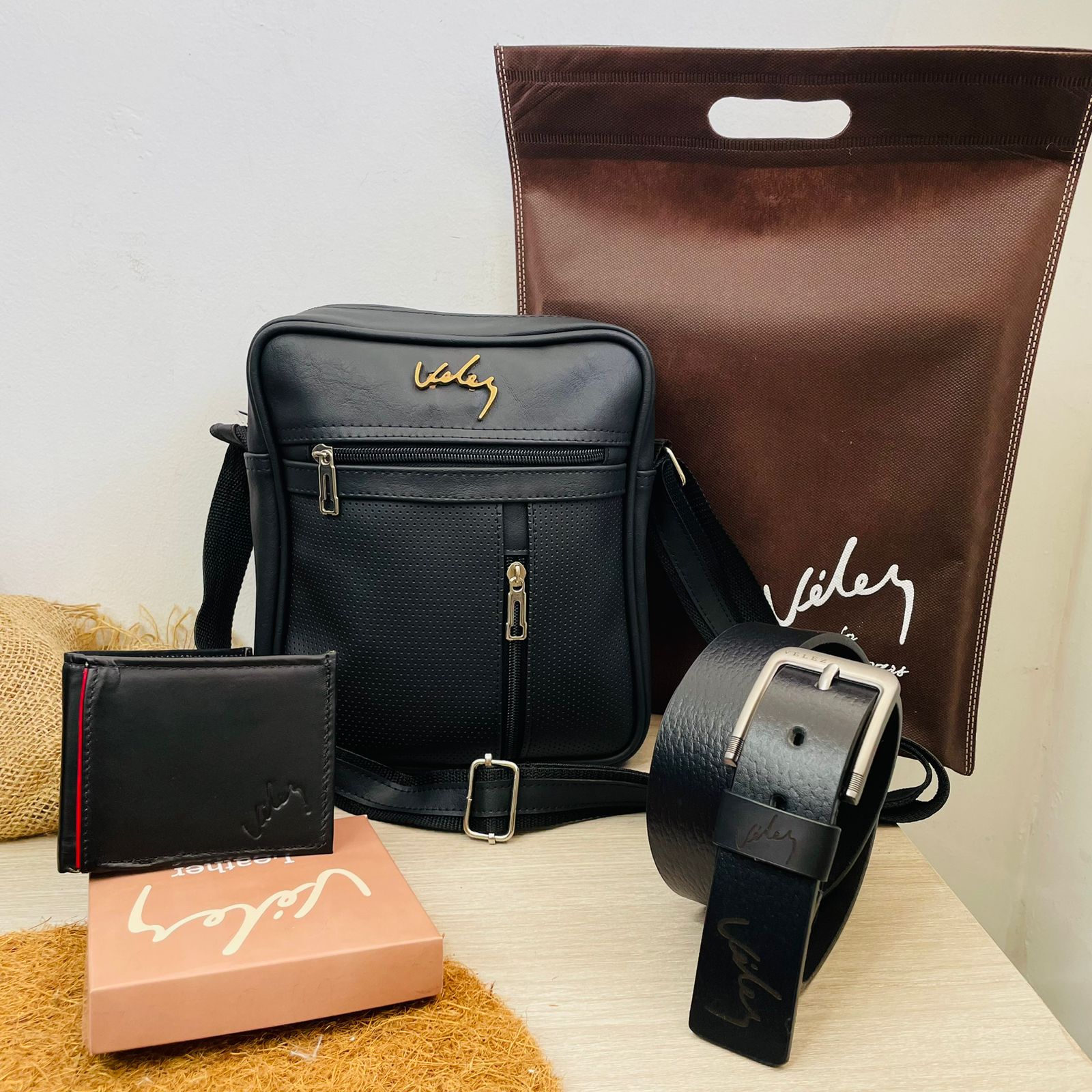 Set Masculino de Cuero de Lujo – Bolso, Billetera y Correa